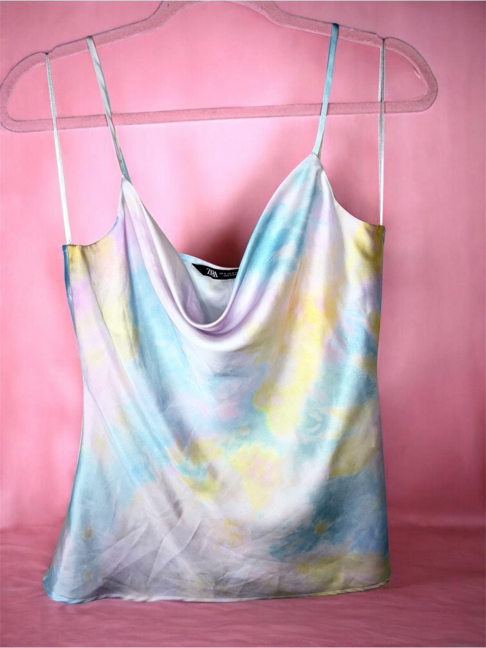 Zara Pastel Watercolor Satin Cami in Blue, Yellow & Pink